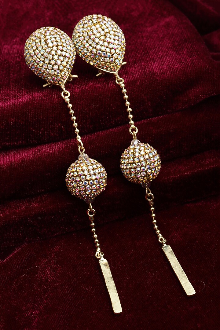 Gold Finish Crystal Dangler Earrings by Bijoux By Priya Chandna at Pernia's Pop Up Shop