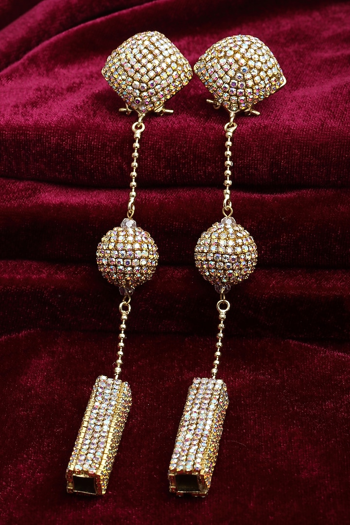 Gold Finish Crystal Dangler Earrings by Bijoux By Priya Chandna at Pernia's Pop Up Shop