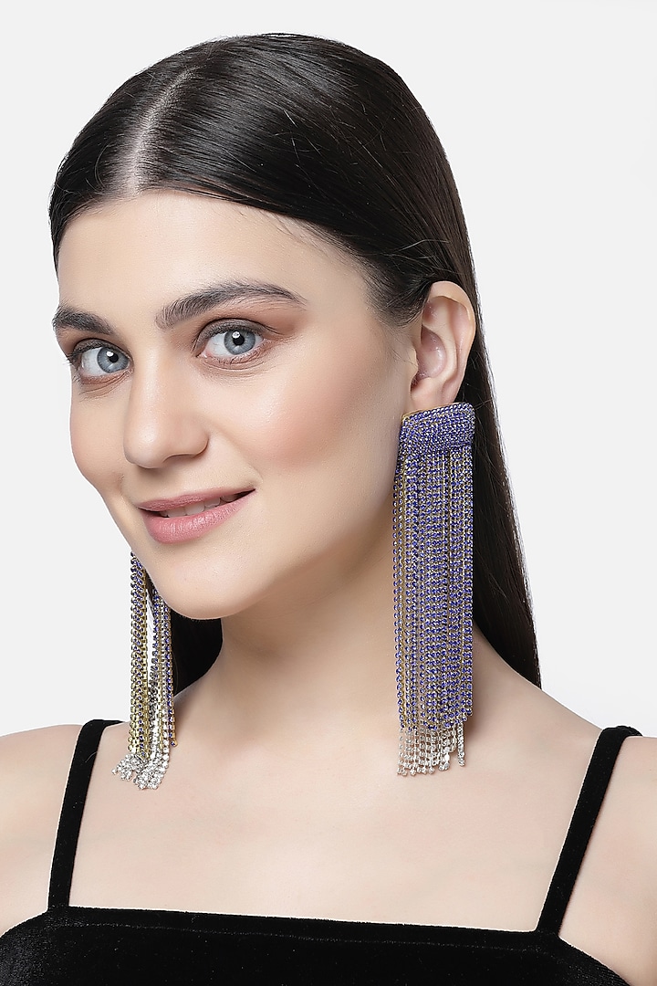 Gold Finish Royal Blue Crystal Dangler Earrings by Bijoux By Priya Chandna at Pernia's Pop Up Shop