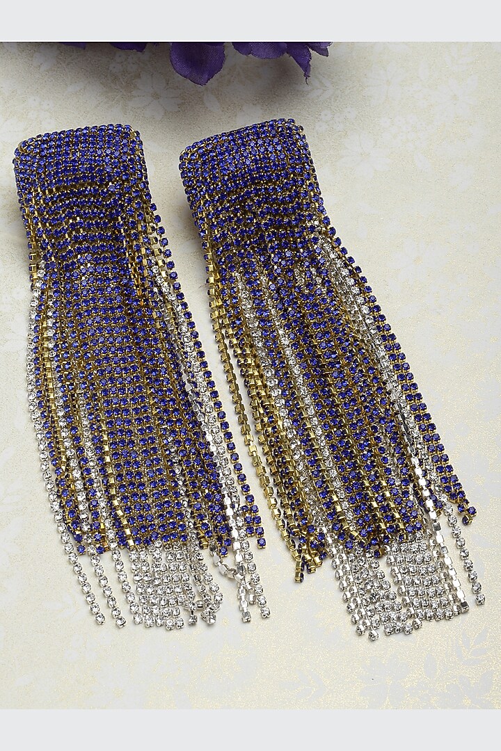 Gold Finish Royal Blue Crystal Dangler Earrings by Bijoux By Priya Chandna at Pernia's Pop Up Shop