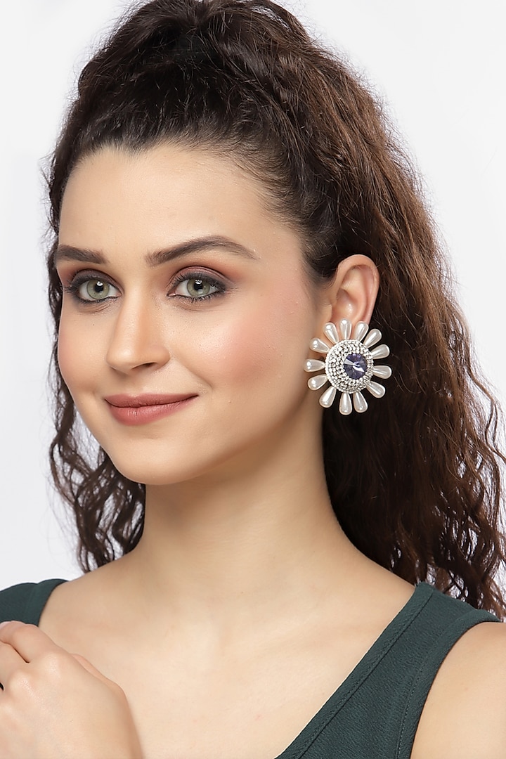 Gold Finish Amethyst Crystal & Pearl Stud Earrings by Bijoux By Priya Chandna at Pernia's Pop Up Shop