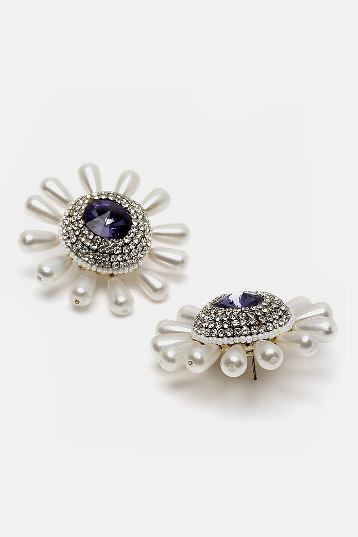 Gold Finish Amethyst Crystal & Pearl Stud Earrings by Bijoux By Priya Chandna at Pernia's Pop Up Shop