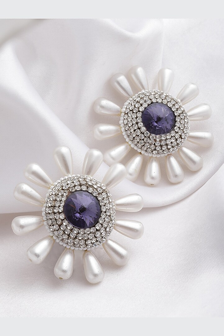 Gold Finish Amethyst Crystal & Pearl Stud Earrings by Bijoux By Priya Chandna at Pernia's Pop Up Shop