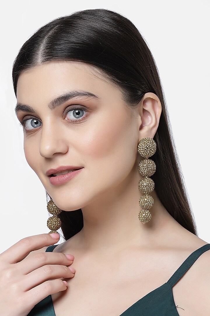 Gold Finish Crystal Dangler Earrings by Bijoux By Priya Chandna at Pernia's Pop Up Shop