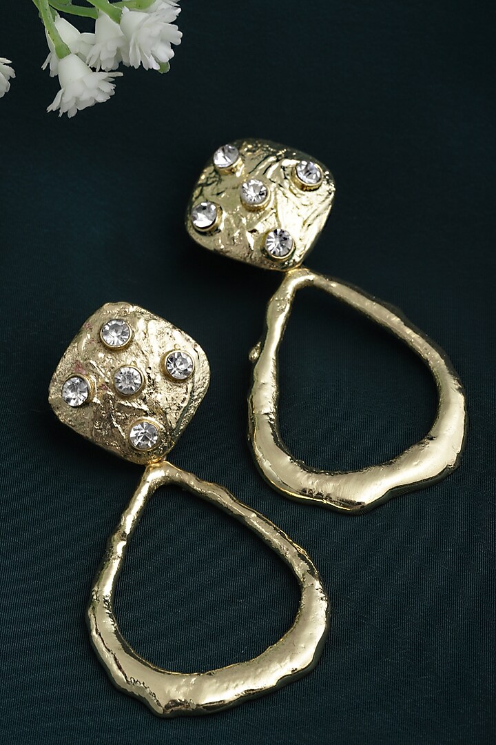 Gold Finish Crystal Hammered Dangler Earrings by Bijoux By Priya Chandna at Pernia's Pop Up Shop