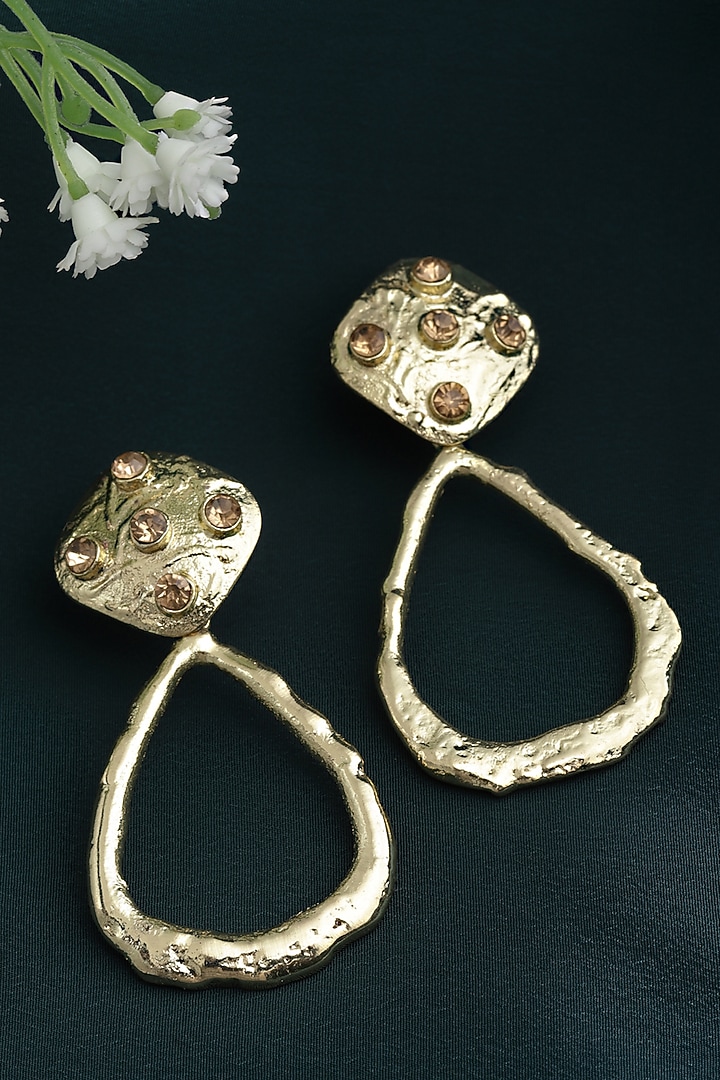 Gold Finish Crystal Hammered Dangler Earrings by Bijoux By Priya Chandna at Pernia's Pop Up Shop