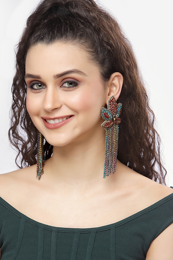 Gold Finish Multi-Colored Crystal Dangler Earrings by Bijoux By Priya Chandna at Pernia's Pop Up Shop