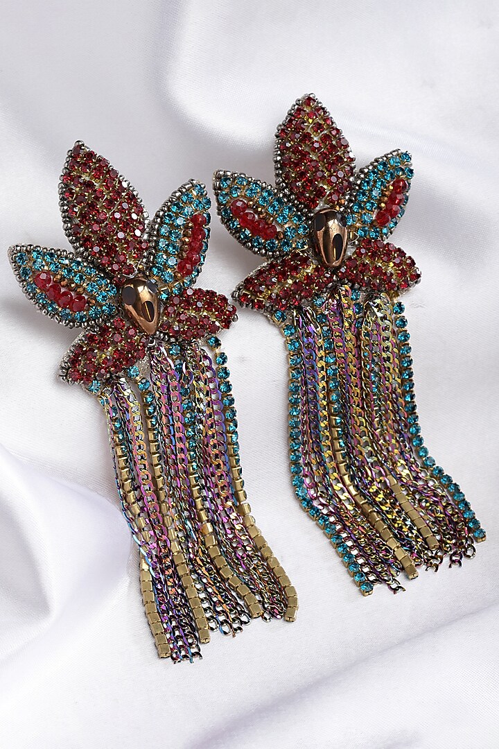 Gold Finish Multi-Colored Crystal Dangler Earrings by Bijoux By Priya Chandna at Pernia's Pop Up Shop