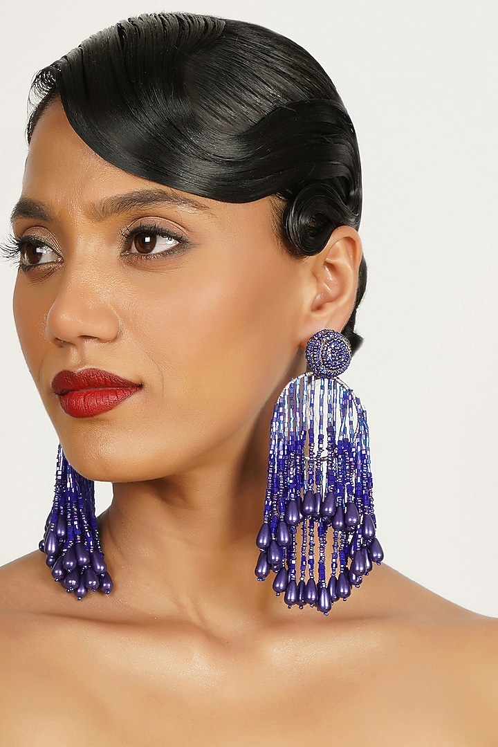 Blue Crystal & Pearl Dangler Earrings by Bijoux By Priya Chandna at Pernia's Pop Up Shop