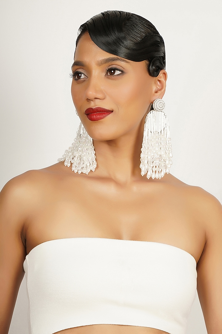 White Crystal & Pearl Dangler Earrings by Bijoux By Priya Chandna at Pernia's Pop Up Shop
