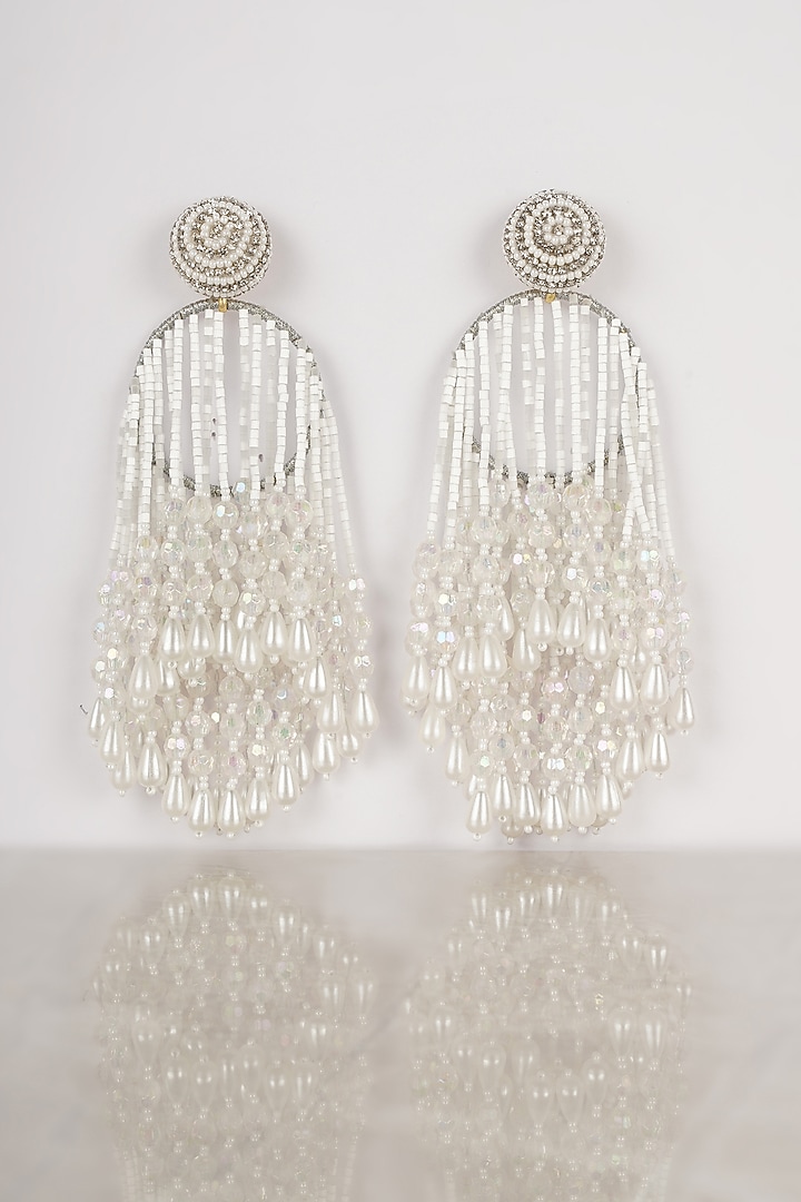 White Crystal & Pearl Dangler Earrings by Bijoux By Priya Chandna at Pernia's Pop Up Shop