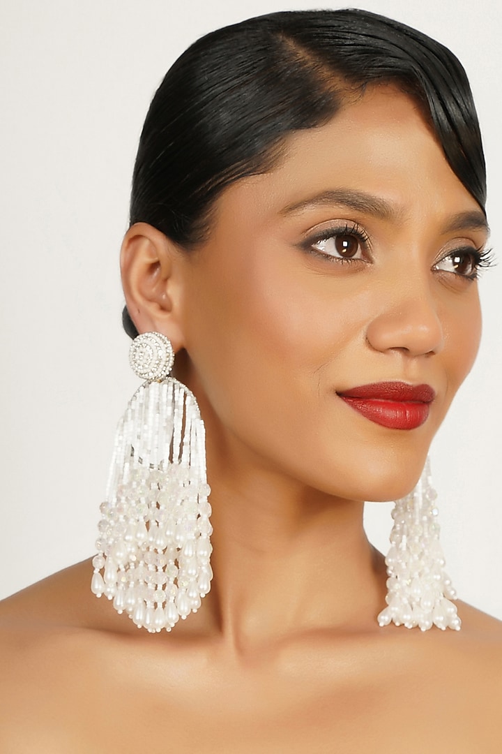 White Crystal & Pearl Dangler Earrings by Bijoux By Priya Chandna at Pernia's Pop Up Shop