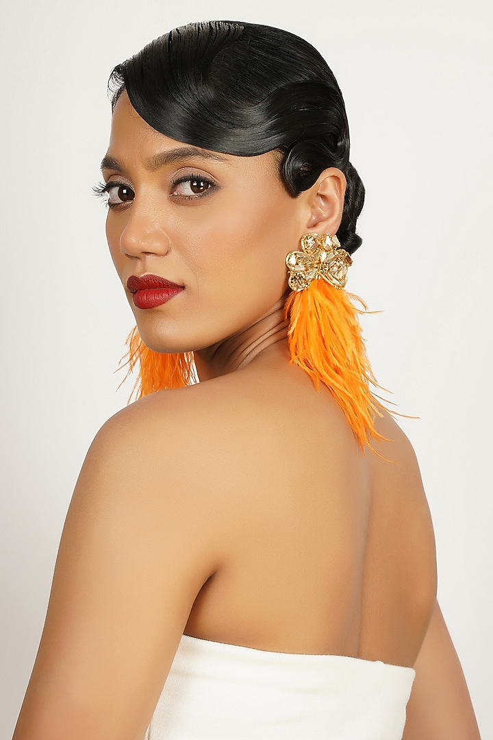 Gold Finish Crystal Dangler Earrings by Bijoux By Priya Chandna at Pernia's Pop Up Shop
