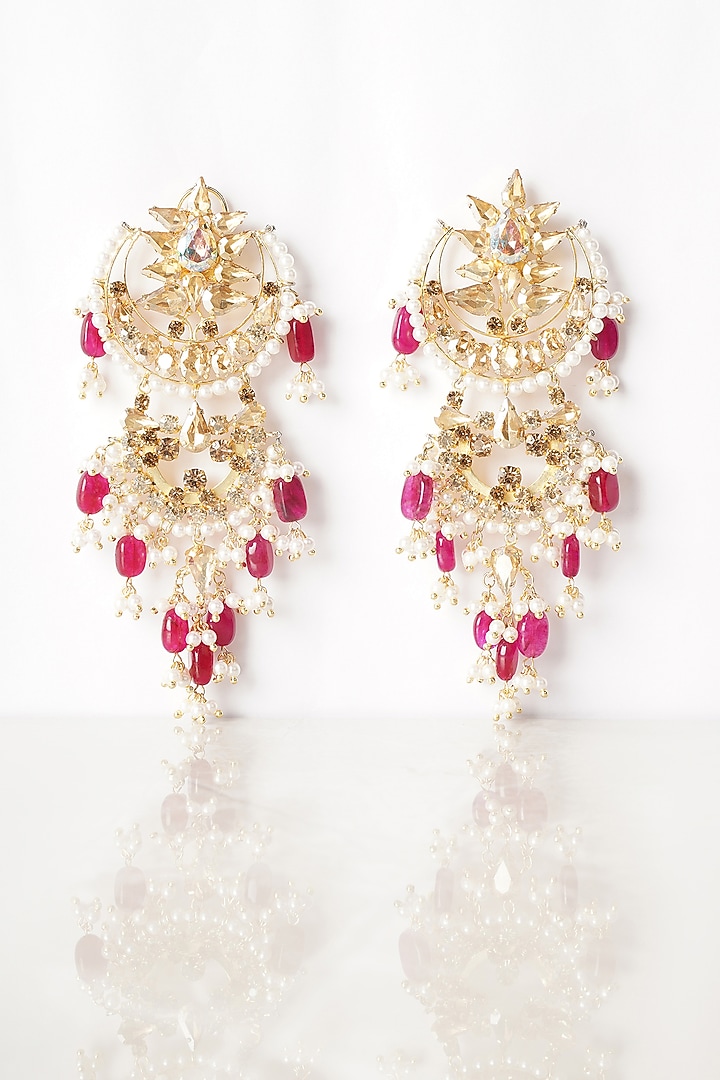 Gold Finish Crystal & Semi-Precious Stone Dangler Earrings by Bijoux By Priya Chandna at Pernia's Pop Up Shop