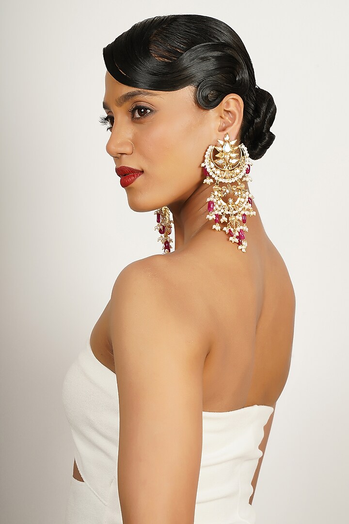 Gold Finish Crystal & Semi-Precious Stone Dangler Earrings by Bijoux By Priya Chandna at Pernia's Pop Up Shop