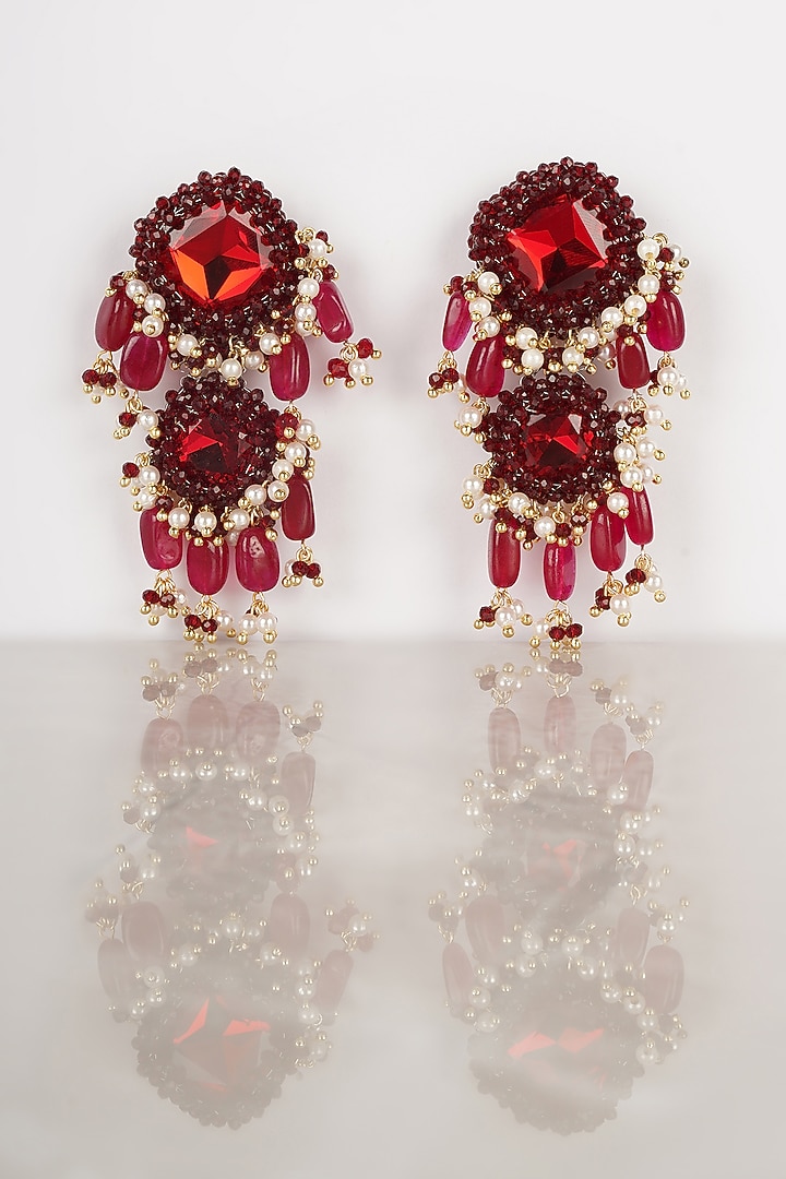 Red Crystal & Semi-Precious Stone Dangler Earrings by Bijoux By Priya Chandna at Pernia's Pop Up Shop