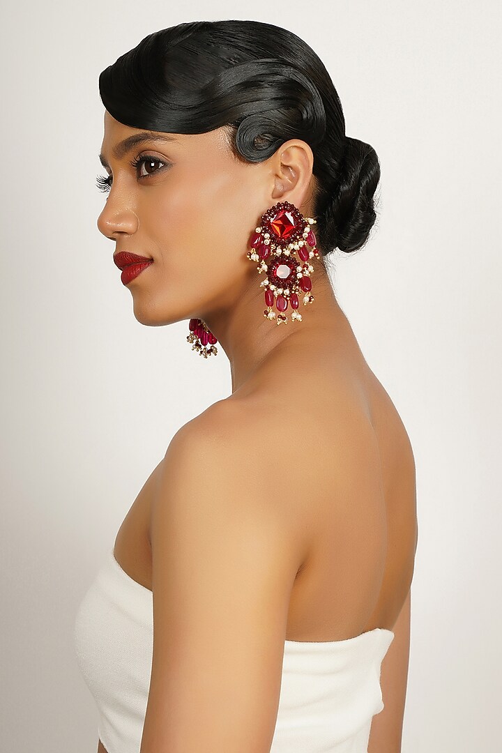 Red Crystal & Semi-Precious Stone Dangler Earrings by Bijoux By Priya Chandna at Pernia's Pop Up Shop