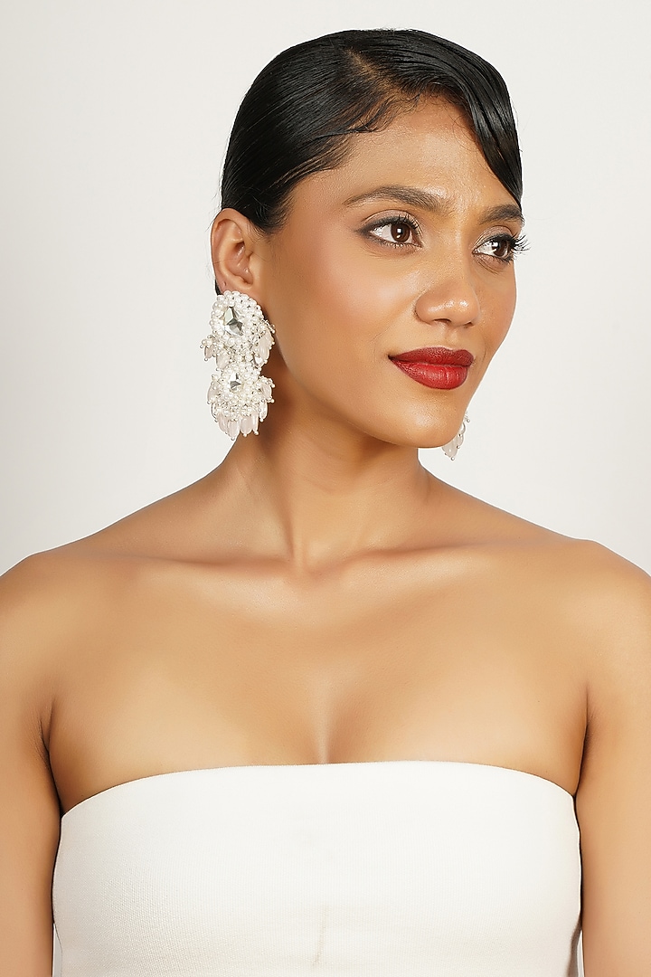 White Crystal & Semi-Precious Stone Dangler Earrings by Bijoux By Priya Chandna at Pernia's Pop Up Shop