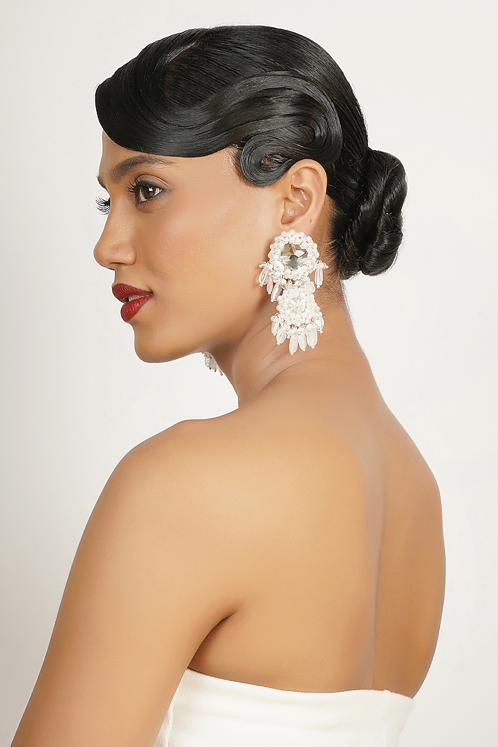 White Crystal & Semi-Precious Stone Dangler Earrings by Bijoux By Priya Chandna at Pernia's Pop Up Shop
