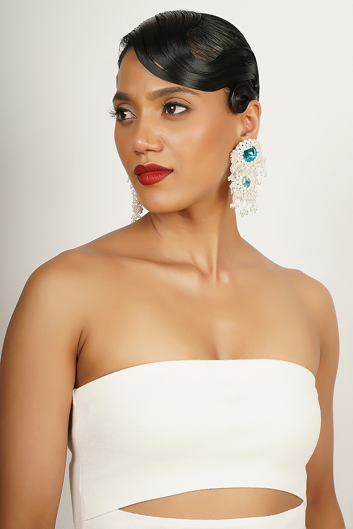 Turquoise Crystal & Semi-Precious Stone Dangler Earrings by Bijoux By Priya Chandna at Pernia's Pop Up Shop