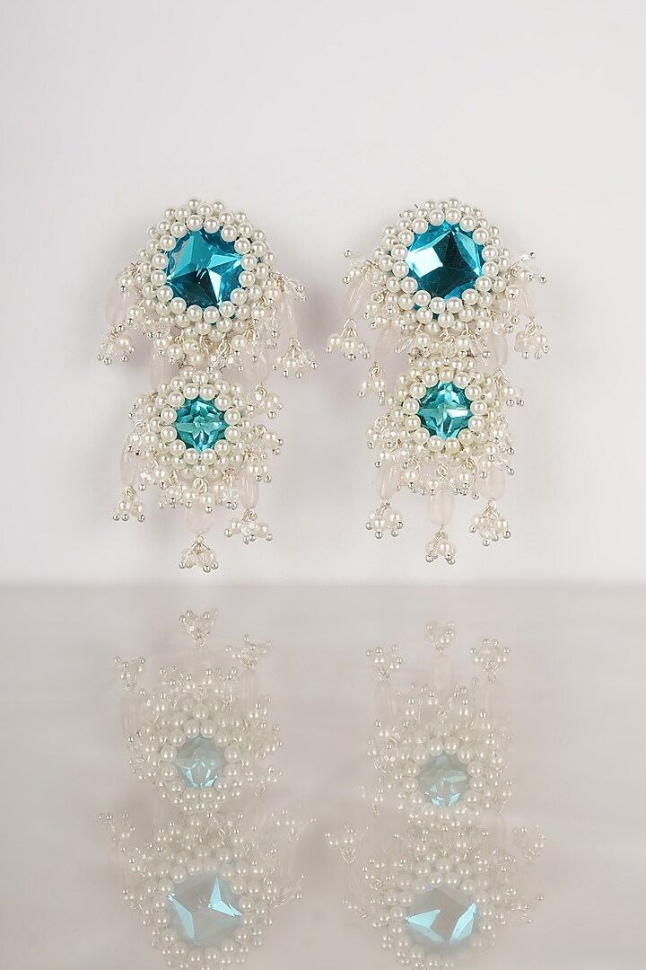 Turquoise Crystal & Semi-Precious Stone Dangler Earrings by Bijoux By Priya Chandna at Pernia's Pop Up Shop