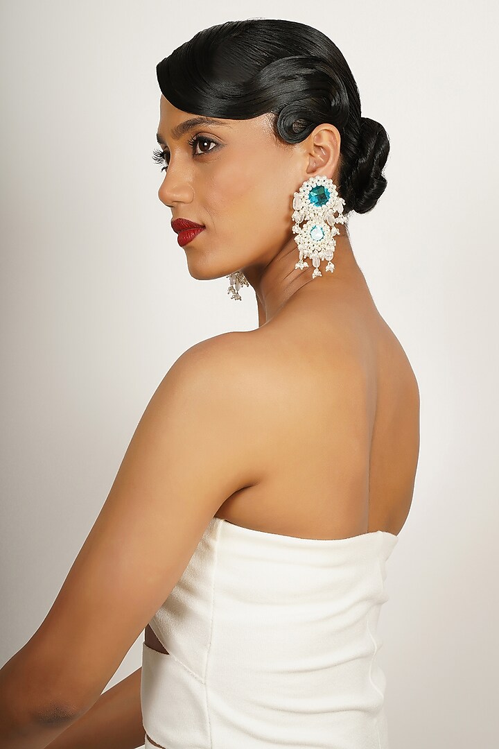Turquoise Crystal & Semi-Precious Stone Dangler Earrings by Bijoux By Priya Chandna at Pernia's Pop Up Shop