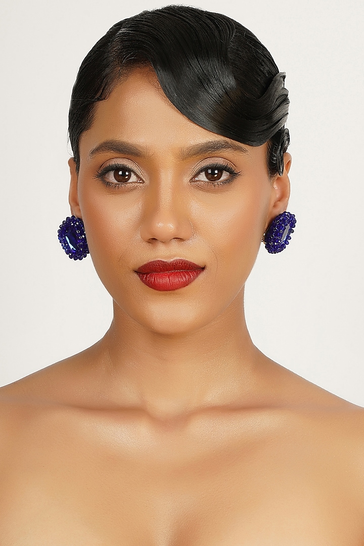 Blue Crystal & Glass Beaded Stud Earrings by Bijoux By Priya Chandna