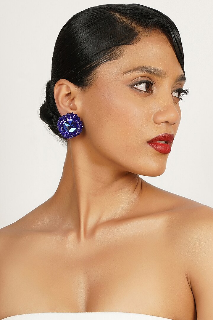 Blue Crystal & Glass Beaded Stud Earrings by Bijoux By Priya Chandna at Pernia's Pop Up Shop