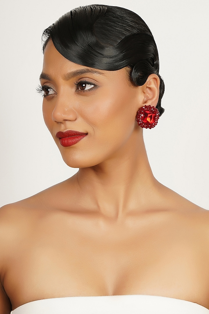 Red Crystal & Glass Beaded Stud Earrings by Bijoux By Priya Chandna