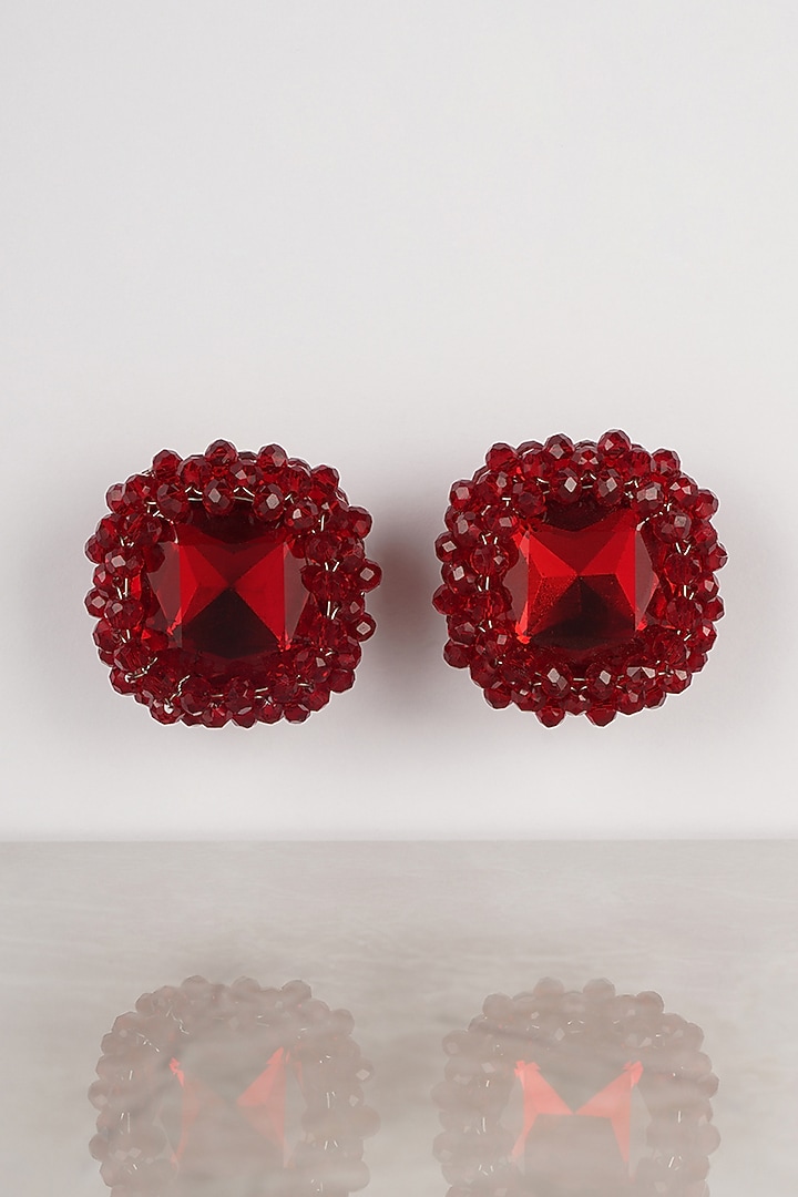 Red Crystal & Glass Beaded Stud Earrings by Bijoux By Priya Chandna at Pernia's Pop Up Shop