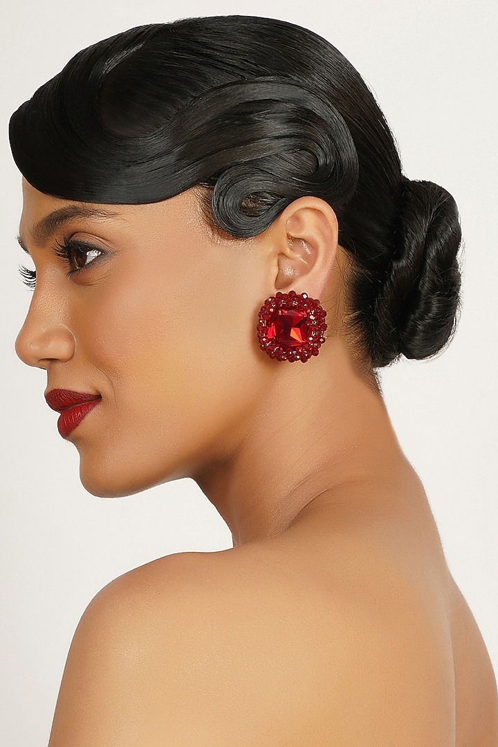 Red Crystal & Glass Beaded Stud Earrings by Bijoux By Priya Chandna at Pernia's Pop Up Shop