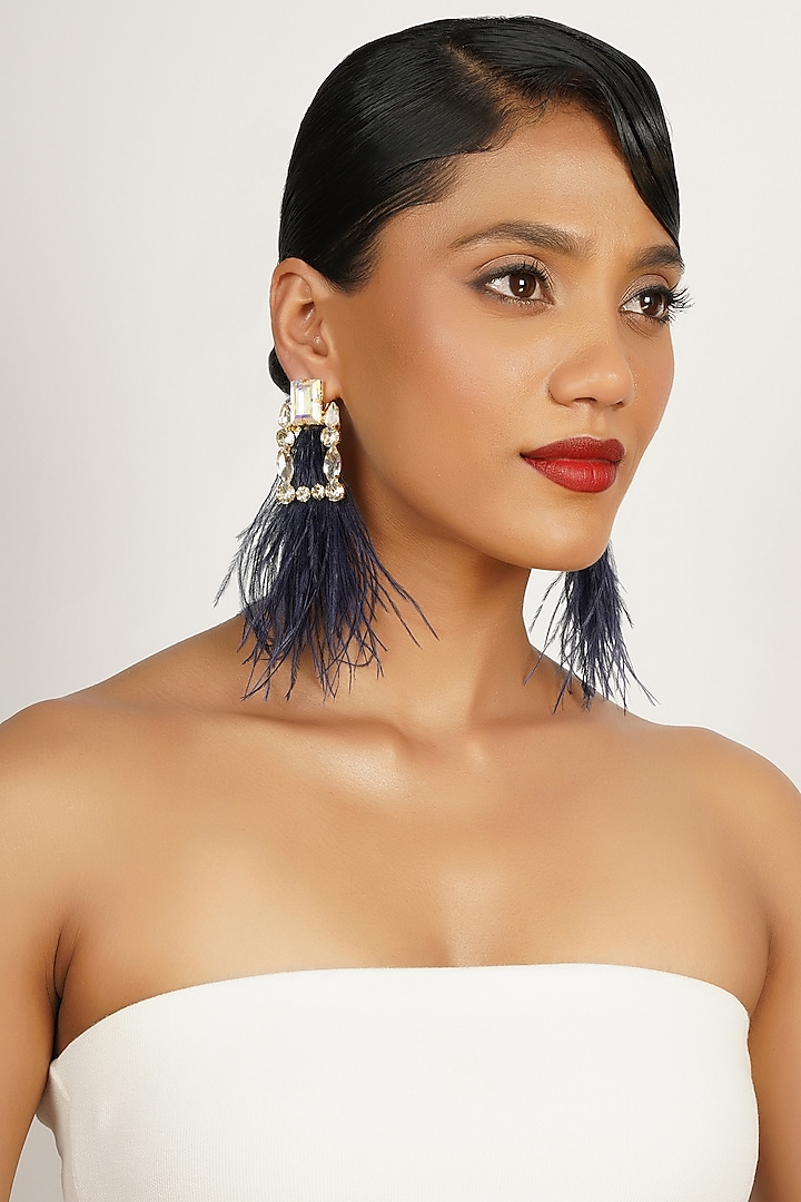 Gold Finish Crystal & Feather Dangler Earrings by Bijoux By Priya Chandna