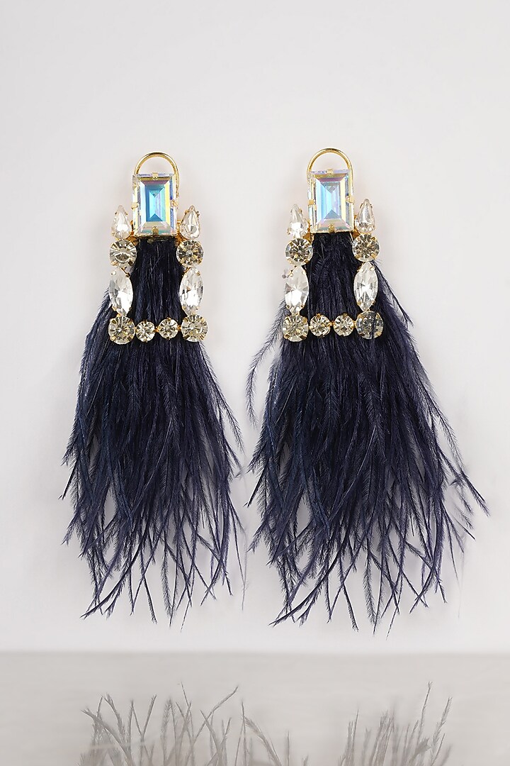 Gold Finish Crystal & Feather Dangler Earrings by Bijoux By Priya Chandna at Pernia's Pop Up Shop