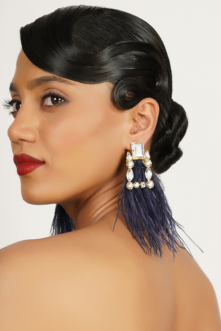 Gold Finish Crystal & Feather Dangler Earrings by Bijoux By Priya Chandna at Pernia's Pop Up Shop