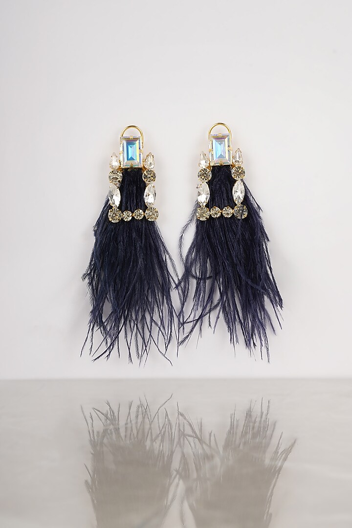 Gold Finish Crystal & Feather Dangler Earrings by Bijoux By Priya Chandna at Pernia's Pop Up Shop