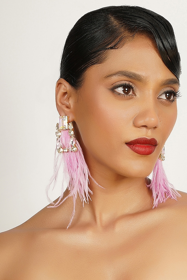 Gold Finish Crystal & Feather Dangler Earrings by Bijoux By Priya Chandna