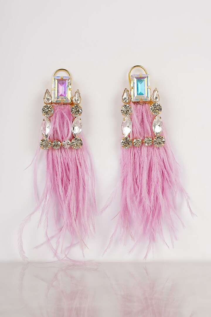 Gold Finish Crystal & Feather Dangler Earrings by Bijoux By Priya Chandna at Pernia's Pop Up Shop