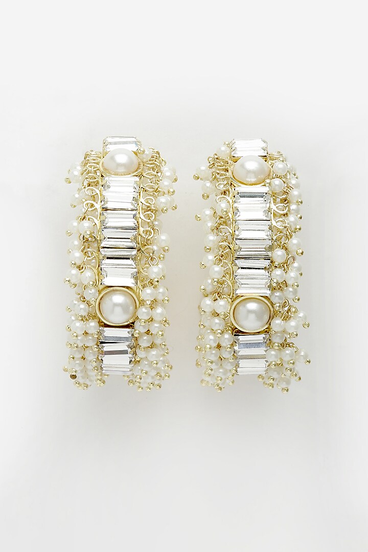 Gold Finish Crystal & Pearl Hoop Earrings by Bijoux By Priya Chandna at Pernia's Pop Up Shop