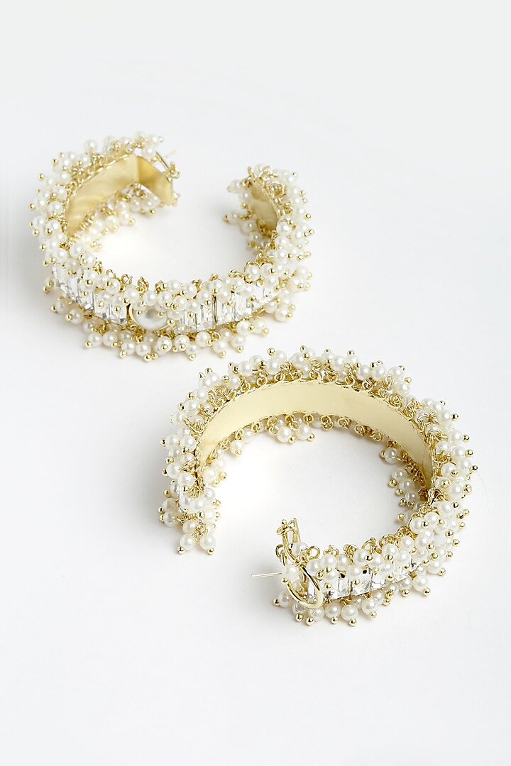 Gold Finish Crystal & Pearl Hoop Earrings by Bijoux By Priya Chandna at Pernia's Pop Up Shop