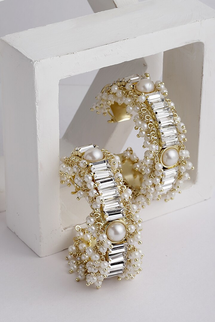 Gold Finish Crystal & Pearl Hoop Earrings by Bijoux By Priya Chandna at Pernia's Pop Up Shop