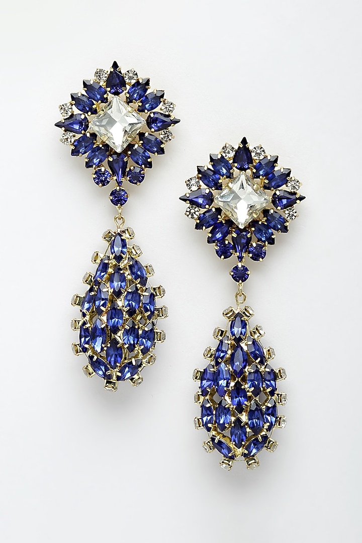 Gold Finish Crystal Dangler Earrings by Bijoux By Priya Chandna at Pernia's Pop Up Shop