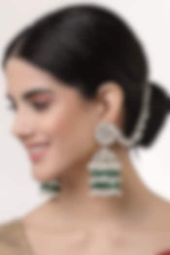 Gold Finish Crystal & Semi-Precious Green Stone Jhumka Earrings by Bijoux By Priya Chandna