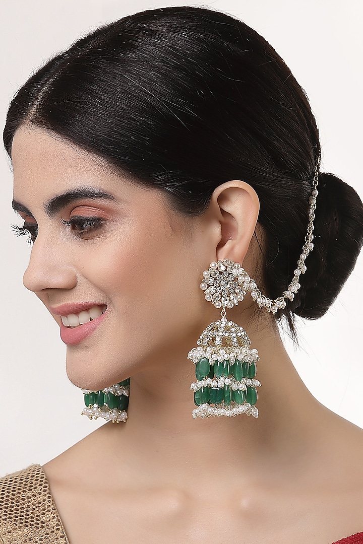 Gold Finish Crystal & Semi-Precious Green Stone Jhumka Earrings by Bijoux By Priya Chandna