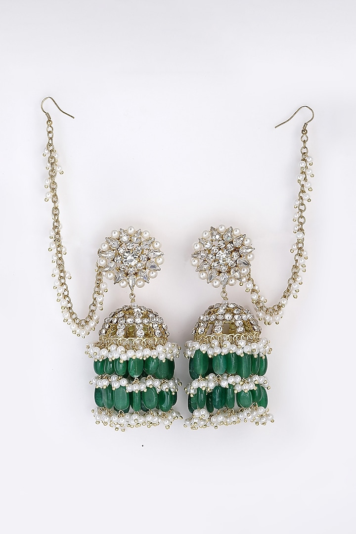 Gold Finish Crystal & Semi-Precious Green Stone Jhumka Earrings by Bijoux By Priya Chandna at Pernia's Pop Up Shop