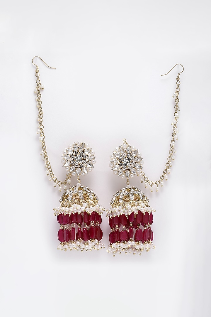 Gold Finish Crystal & Semi-Precious Red Stone Jhumka Earrings by Bijoux By Priya Chandna at Pernia's Pop Up Shop