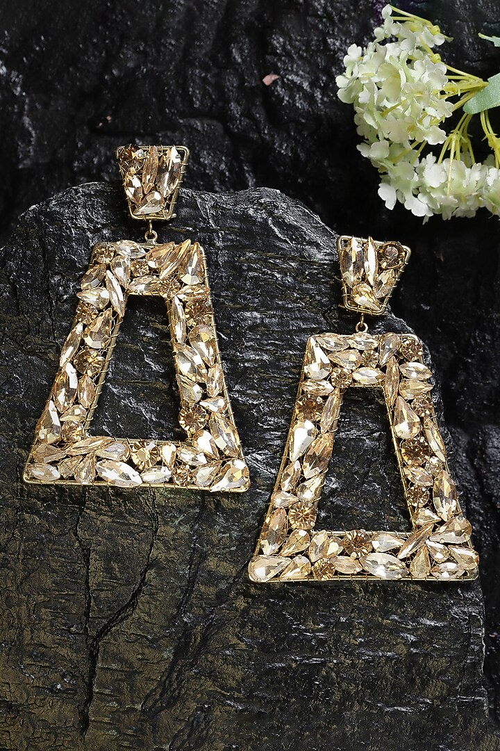 Gold Finish Crystal Dangler Earrings by Bijoux By Priya Chandna at Pernia's Pop Up Shop