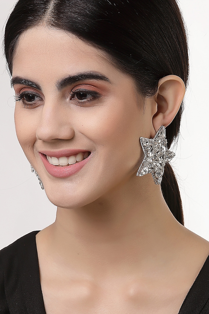 Silver Finish Crystal Stud Earrings by Bijoux By Priya Chandna