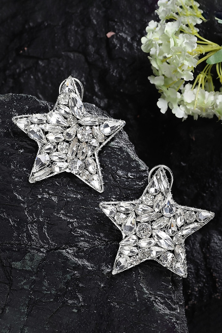 Silver Finish Crystal Stud Earrings by Bijoux By Priya Chandna at Pernia's Pop Up Shop