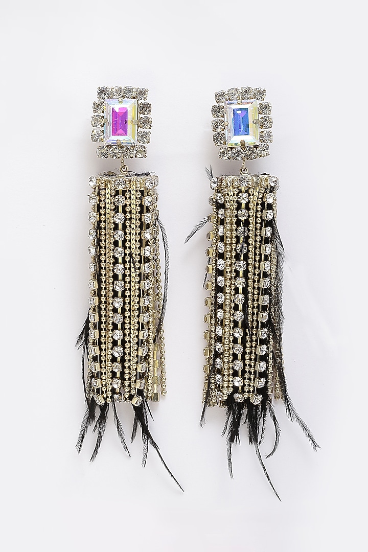 Gold Finish Crystal & Feather Dangler Earrings by Bijoux By Priya Chandna at Pernia's Pop Up Shop