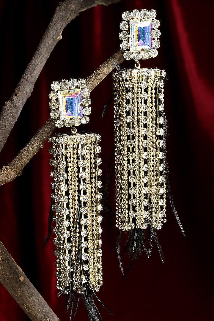 Gold Finish Crystal & Feather Dangler Earrings by Bijoux By Priya Chandna at Pernia's Pop Up Shop